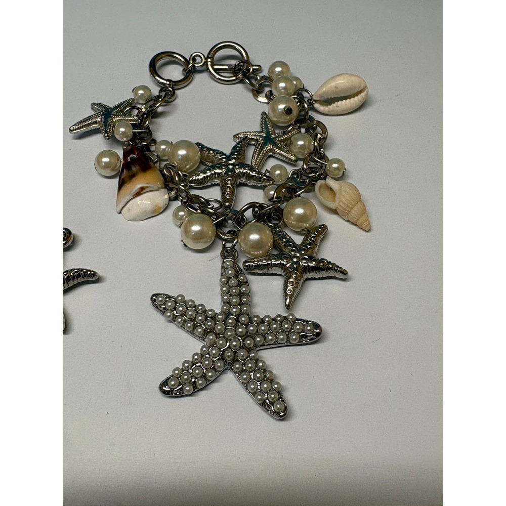 Nautical Starfish Shell Pearl Charm Bracelet and Starfish Dangle Earrings Set - Picture 3 of 9